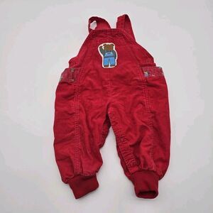 OshKosh Overalls Red Corduroy Baby 24 Months Bear Plaid Snap Button Vintage Rare